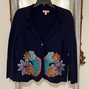 Lilly Pulitzer Navy Cardigan with Colorful Floral Embroidery Size L